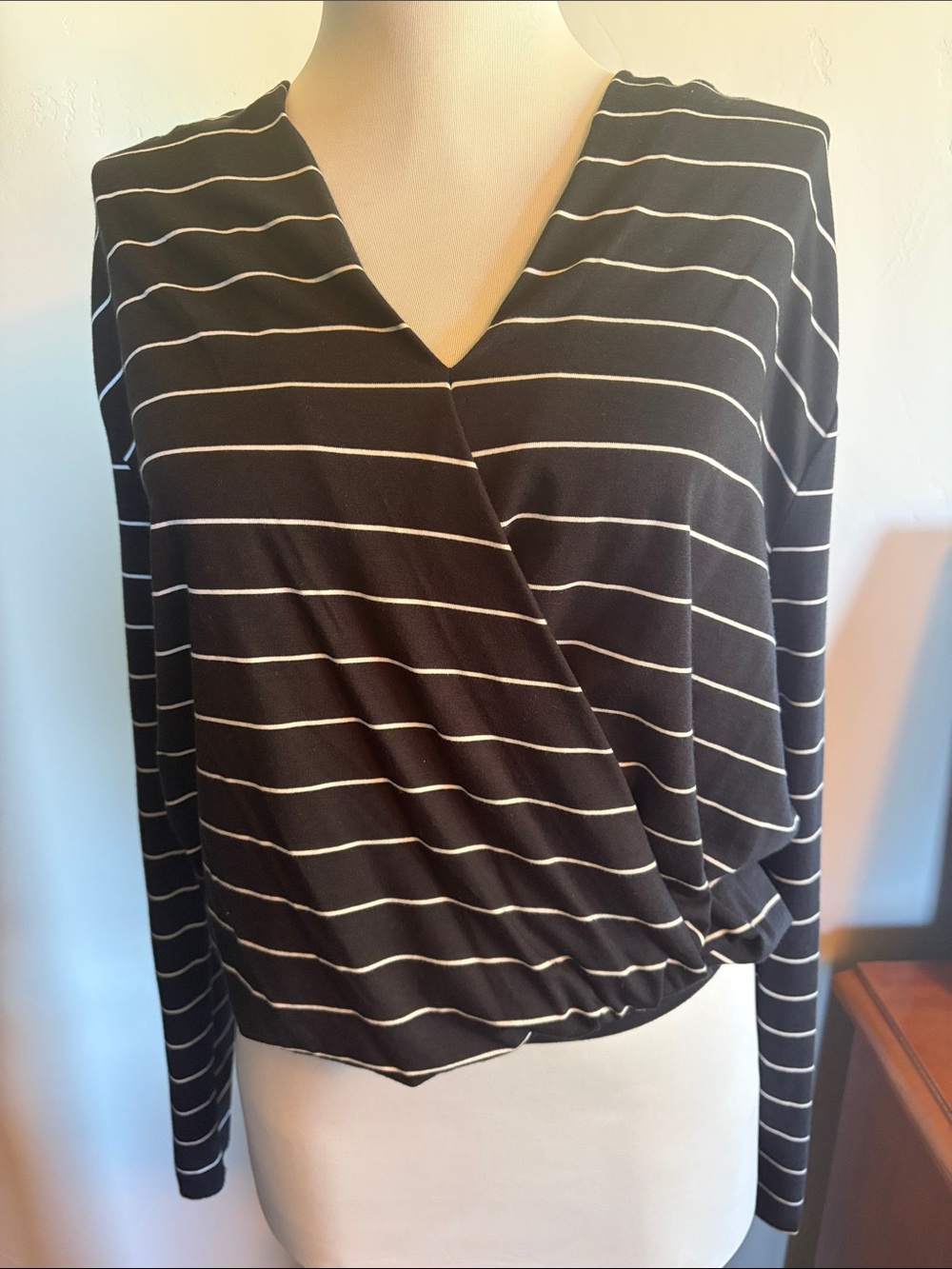 Striped Black Wrap Front Women's Top Sm Garnett Hill